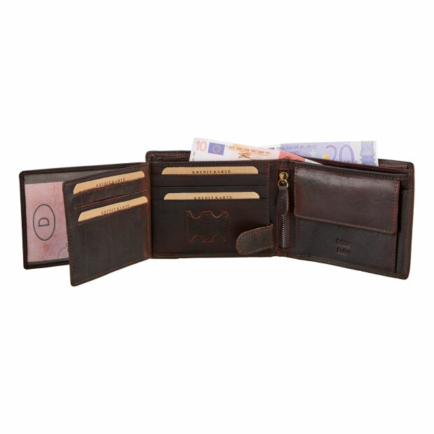 Heren Portemonnee - Buffel Lederen Billfold - Laag model - 13 Pasjes - Cadeautip Heren - Leer - Donkderbruin - Print