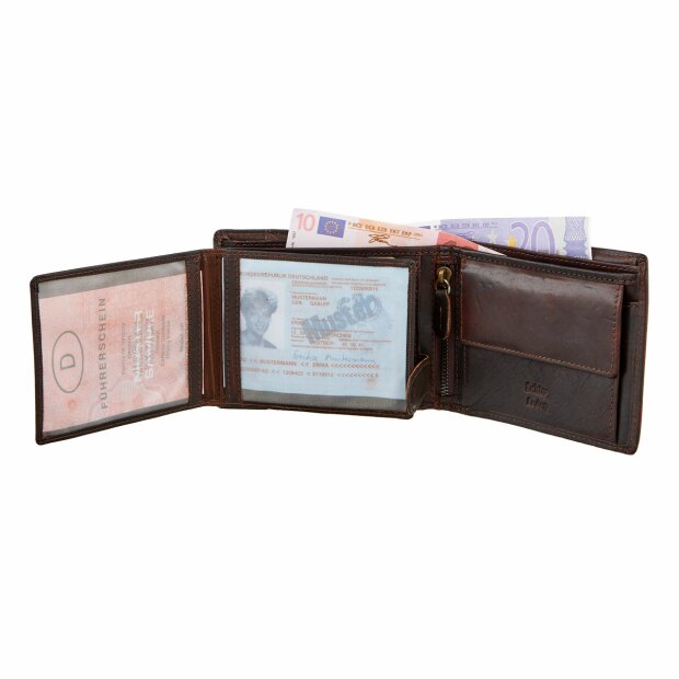 Heren Portemonnee - Buffel Lederen Billfold - Laag model - 13 Pasjes - Cadeautip Heren - Leer - Donkderbruin - Print